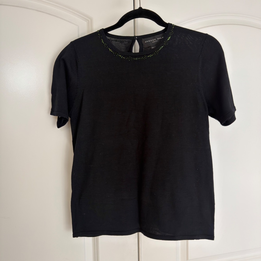 August Silk Knits Black Beaded Neckline Short Sleeve Silk Sweater Top Medium